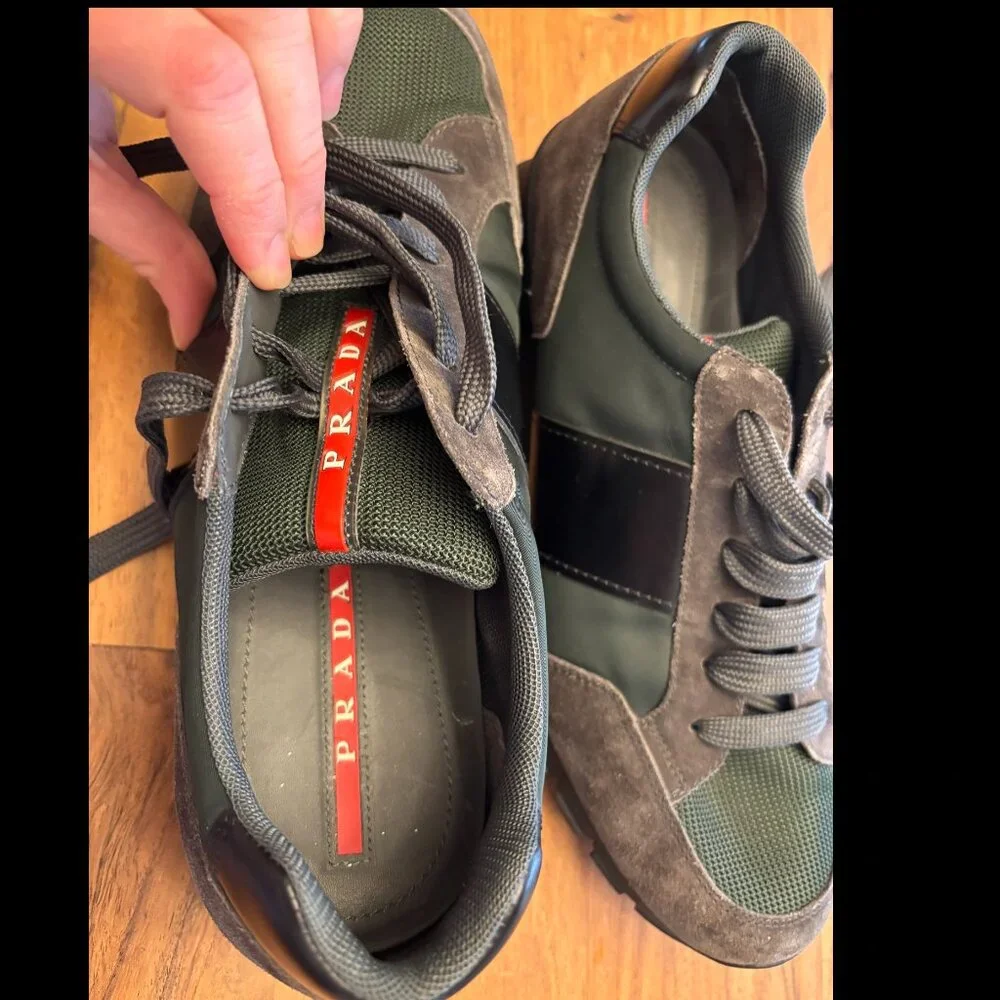 Prada Sport Green/Grey Nylon And Leather Low Top Sneakers - Picture 8 of 9